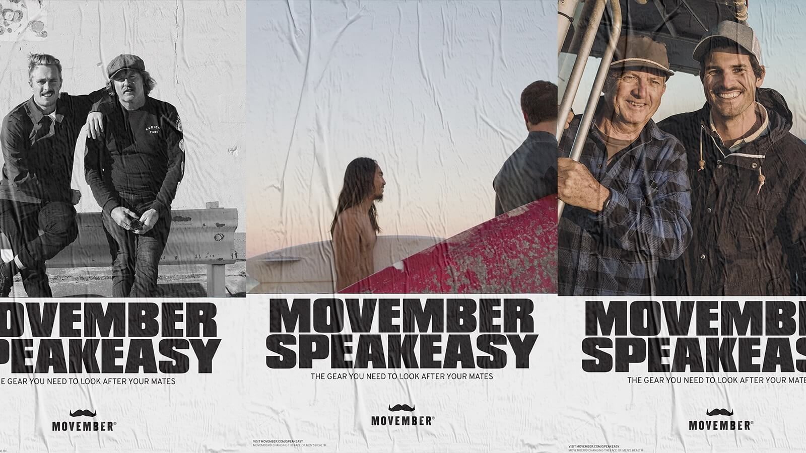 Three adjacent mural posters, showing men smiling to camera. A large black caption on each reads: "MOVEMBER SPEAKEASY".