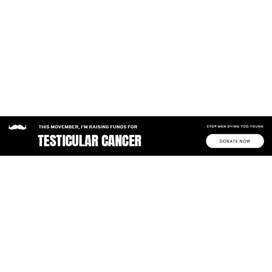 Black and white image of email signature banner. It reads: "This Movember, I'm raising funds for testicular cancer."