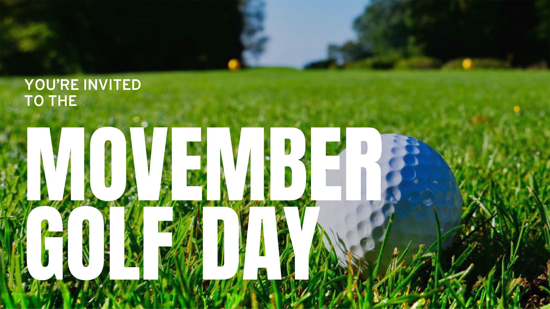 Image promoting Movember Masters annual golf day. It shows a close-up of a golf ball, surmounted by text saying: "Movember Golf Day"