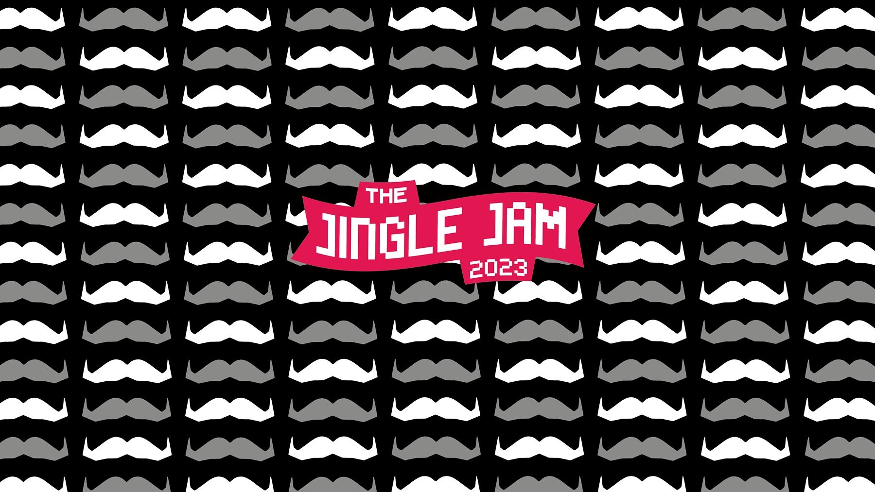 Graphic showing stylised moustache logos. Superimposed are the words: "THE JINGLE JAM 2023"