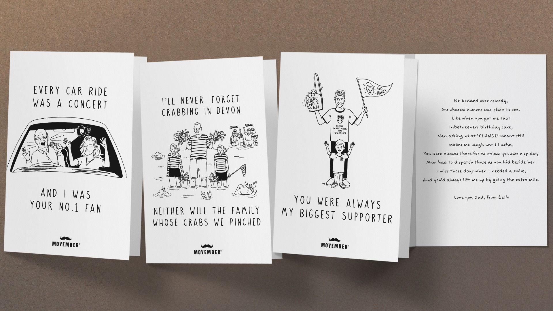 3 cards with illustrated pictures of kids with their father that they've lost