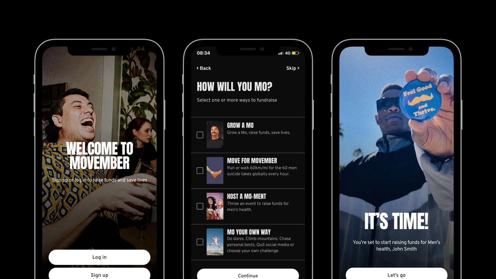 Screengrabs of the Movember app.