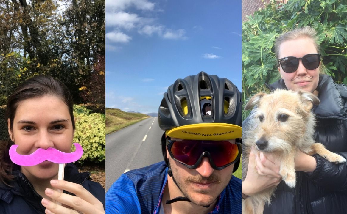 Lady with a pink mosutache, man on bike, girl and dog