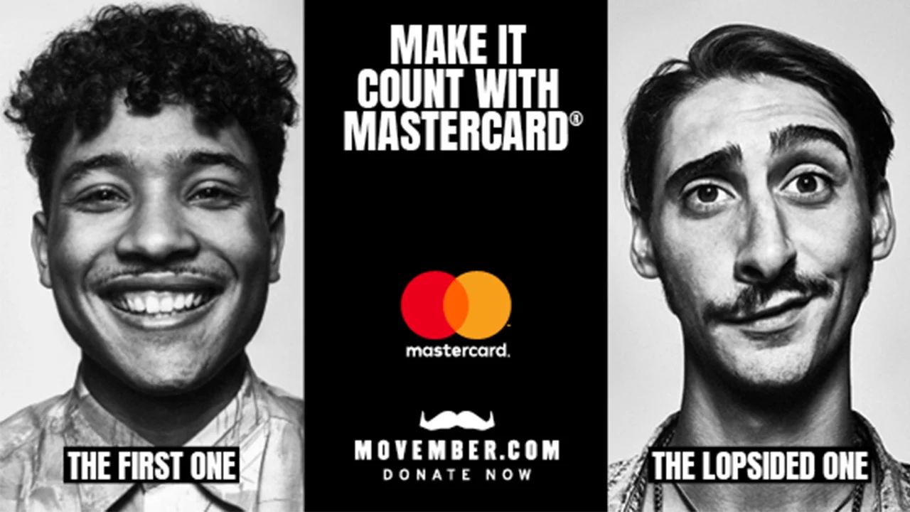 Two moustachioed men with the text in between their portraits reading "Make it count with Mastercard"